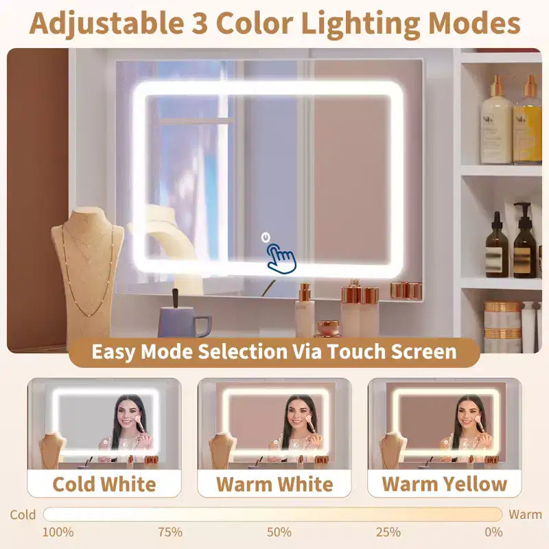 COZONY Coiffeuse d'angle, miroir LED, plateau en verre, prises et USB, 1 porte, 4 tiroirs, 7 étagères