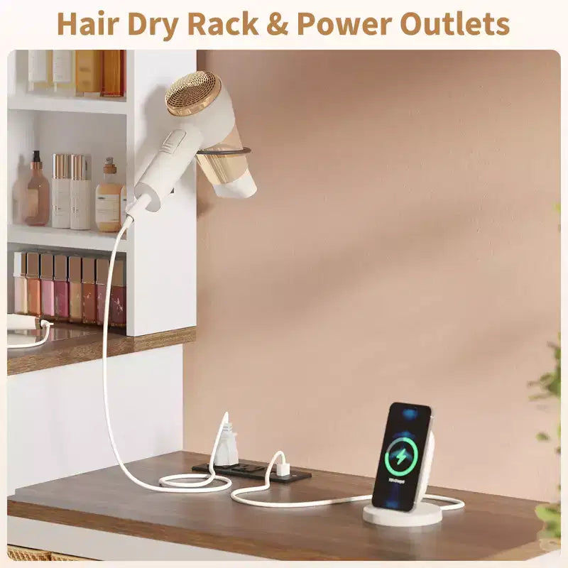 COZONY Coiffeuse d'angle, miroir LED, plateau en verre, prises et USB, 1 porte, 4 tiroirs, 7 étagères