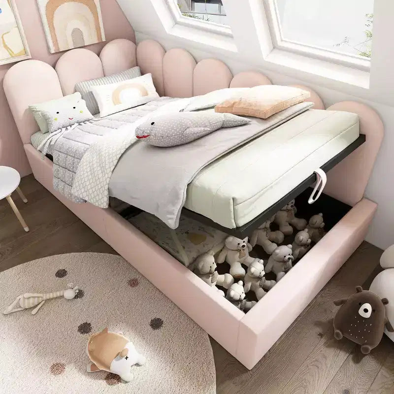 Lit de repos plateforme rembourré double Okak avec rangement hydraulique et cadre à lattes en métal, lit simple moderne pour chambre à coucher, chambre d'enfant