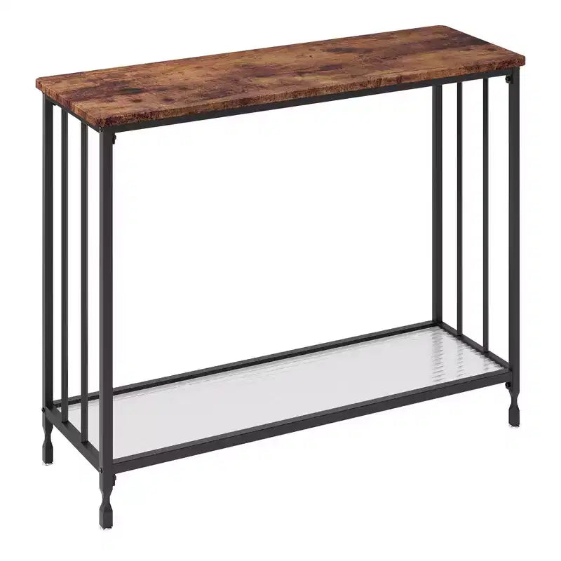 Console Table  2-Tier Industrial Entryway Table with Glass Shelf (Rustic Brown, for Living Room/Hallway/Bedroom)