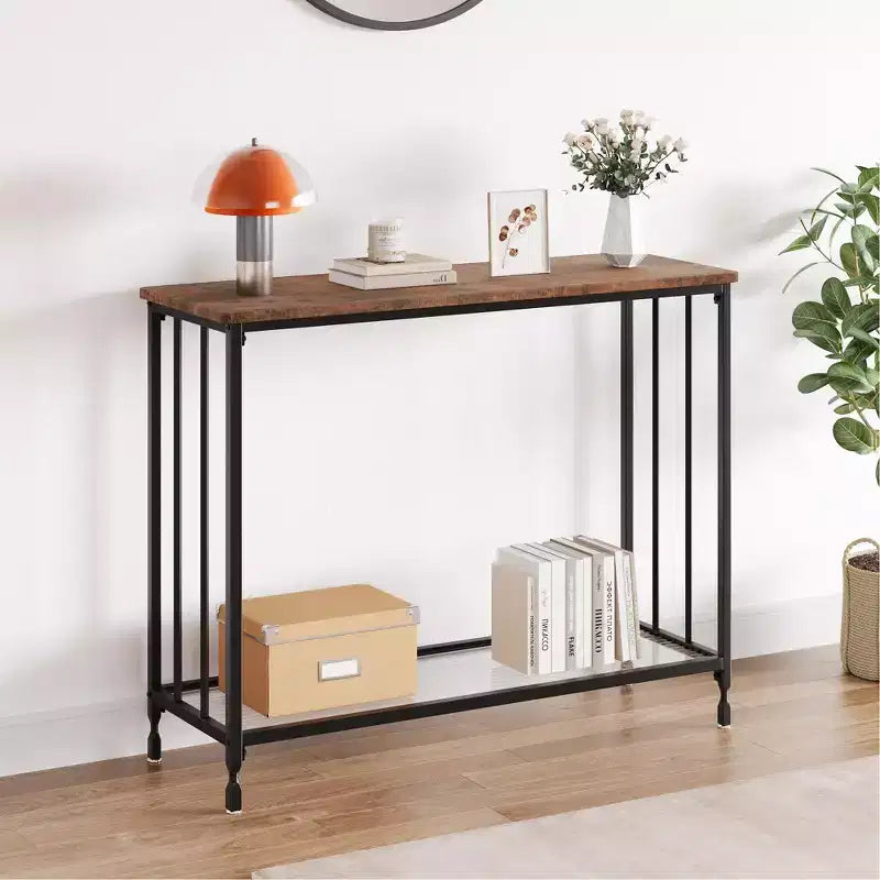Console – Table d'entrée industrielle à 2 niveaux avec étagère en verre (marron rustique, pour salon/couloir/chambre)