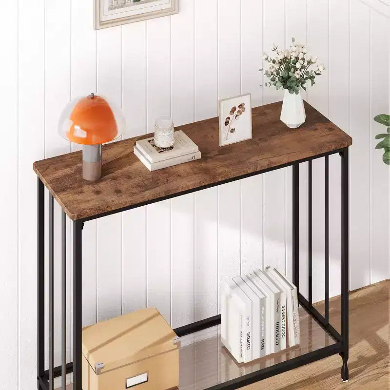 Console – Table d'entrée industrielle à 2 niveaux avec étagère en verre (marron rustique, pour salon/couloir/chambre)