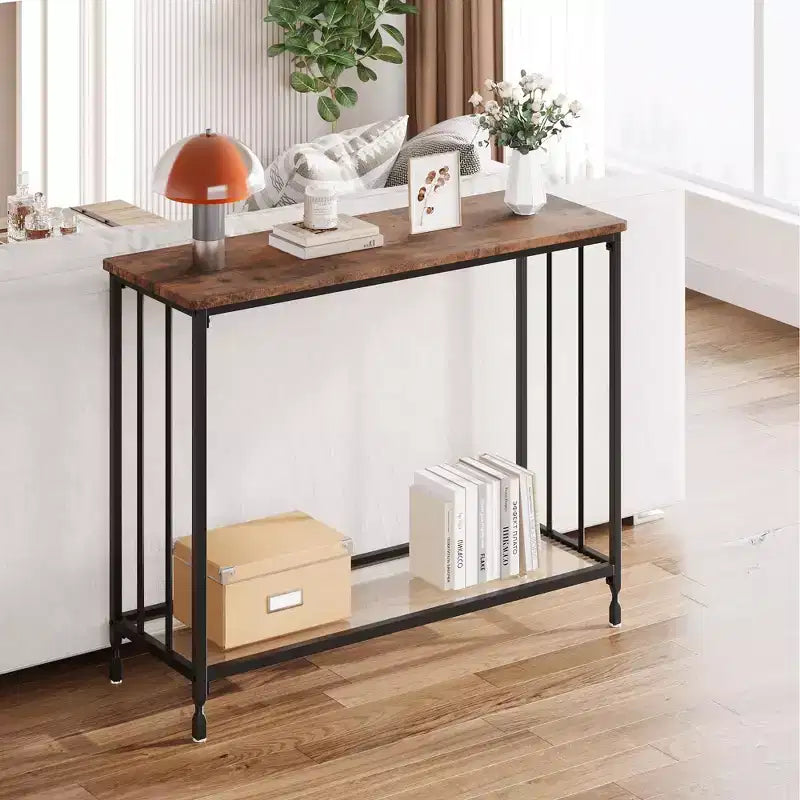 Console – Table d'entrée industrielle à 2 niveaux avec étagère en verre (marron rustique, pour salon/couloir/chambre)