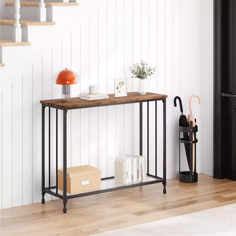 Console – Table d'entrée industrielle à 2 niveaux avec étagère en verre (marron rustique, pour salon/couloir/chambre)