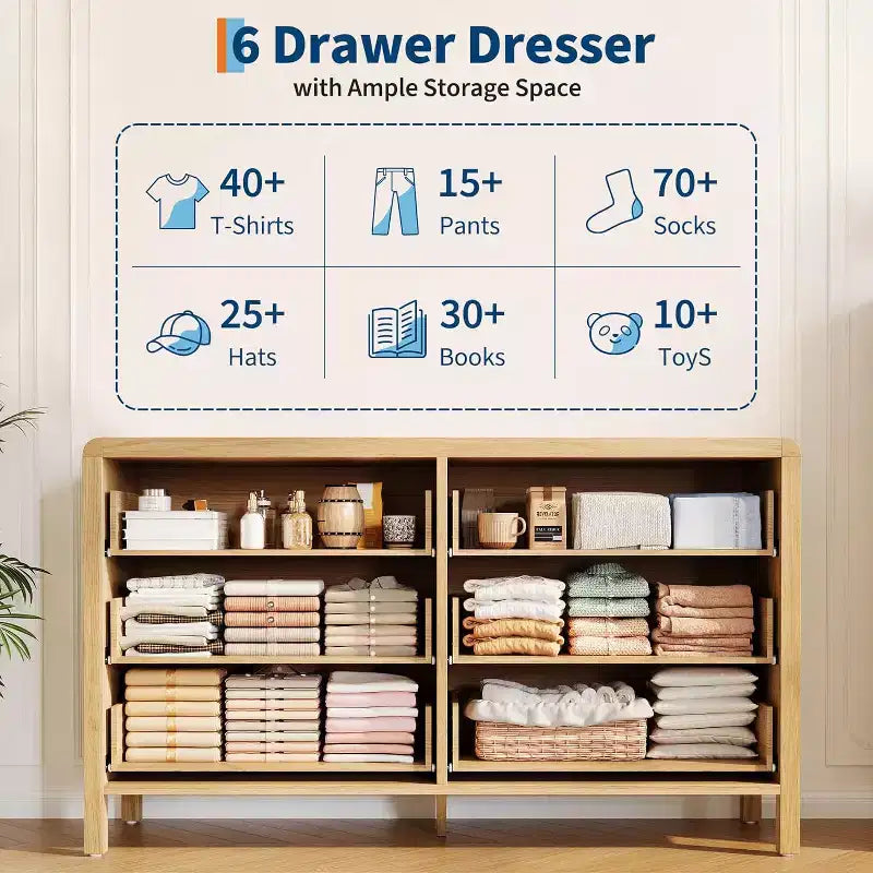 Commode à 6 tiroirs, Organisateur de rangement avec poignée en métal robuste, Meuble TV pour téléviseur de 55 pouces, Commode pour salon, couloir, placard