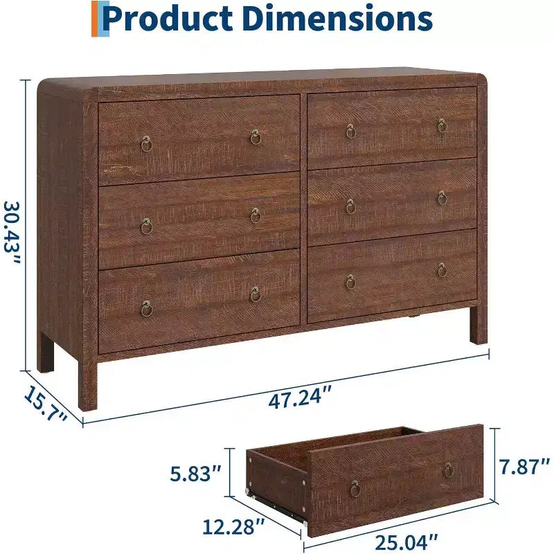 Commode à 6 tiroirs, Organisateur de rangement avec poignée en métal robuste, Meuble TV pour téléviseur de 55 pouces, Commode pour salon, couloir, placard