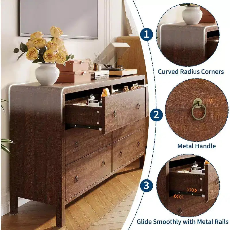 Commode à 6 tiroirs, Organisateur de rangement avec poignée en métal robuste, Meuble TV pour téléviseur de 55 pouces, Commode pour salon, couloir, placard