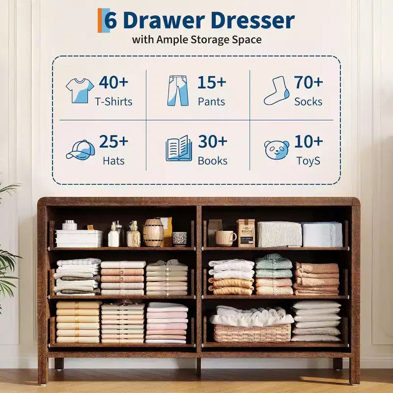 Commode à 6 tiroirs, Organisateur de rangement avec poignée en métal robuste, Meuble TV pour téléviseur de 55 pouces, Commode pour salon, couloir, placard