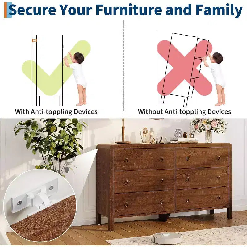 Commode à 6 tiroirs, Organisateur de rangement avec poignée en métal robuste, Meuble TV pour téléviseur de 55 pouces, Commode pour salon, couloir, placard