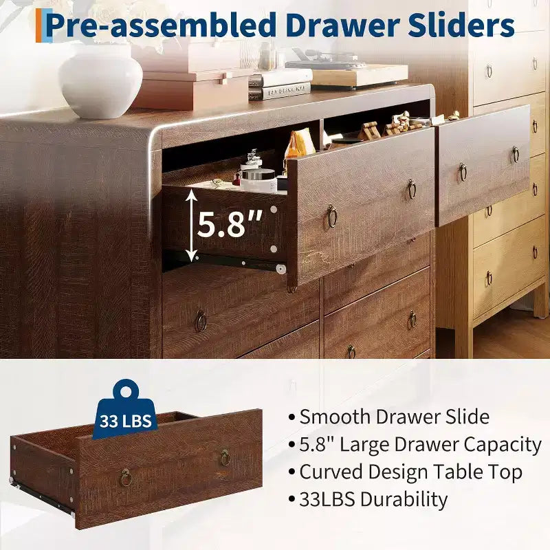 Commode à 6 tiroirs, Organisateur de rangement avec poignée en métal robuste, Meuble TV pour téléviseur de 55 pouces, Commode pour salon, couloir, placard