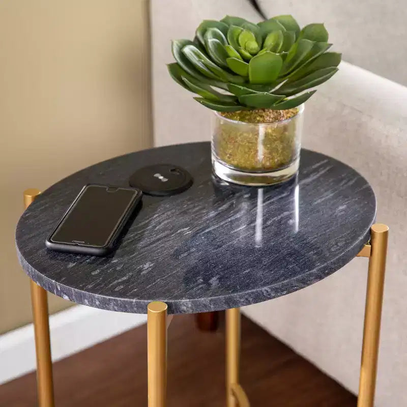Table d'appoint Clarvin avec station de recharge sans fil - Or/Noir - SEI