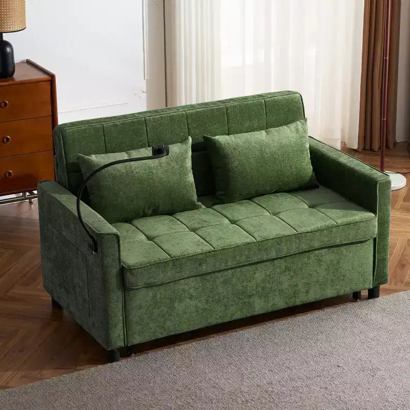 MAYEERTY Canapé convertible 144,5 cm avec coussin de dossier réversible, poches latérales et support de téléphone pour salon, vert