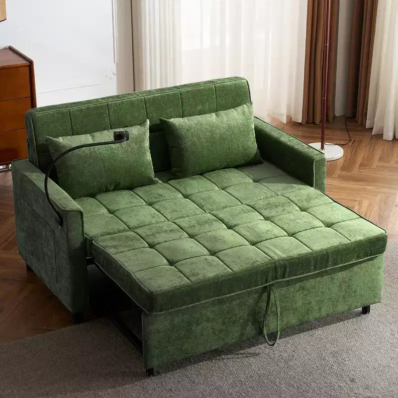 MAYEERTY Canapé convertible 144,5 cm avec coussin de dossier réversible, poches latérales et support de téléphone pour salon, vert