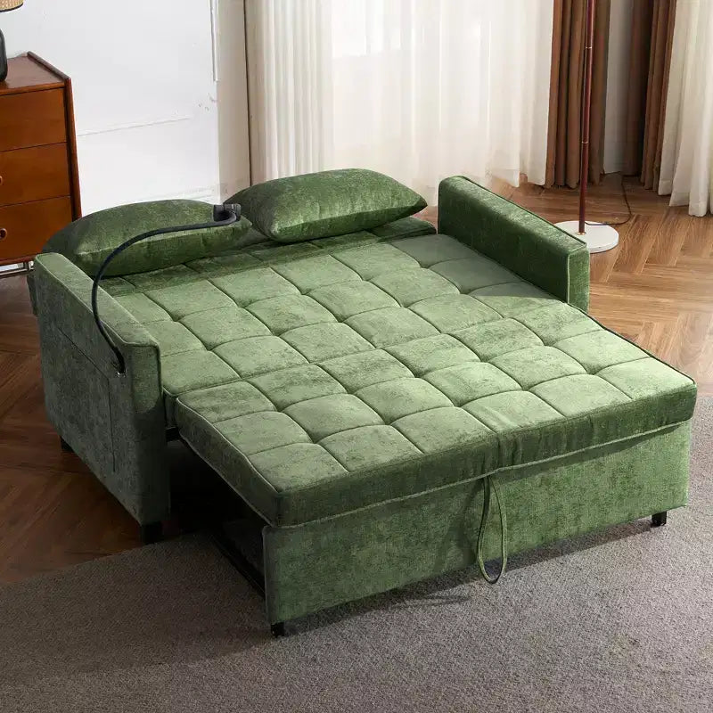 MAYEERTY Canapé convertible 144,5 cm avec coussin de dossier réversible, poches latérales et support de téléphone pour salon, vert