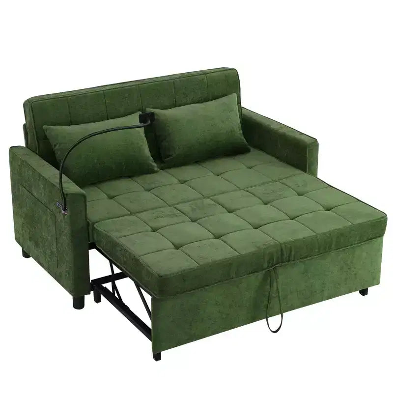 MAYEERTY Canapé convertible 144,5 cm avec coussin de dossier réversible, poches latérales et support de téléphone pour salon, vert