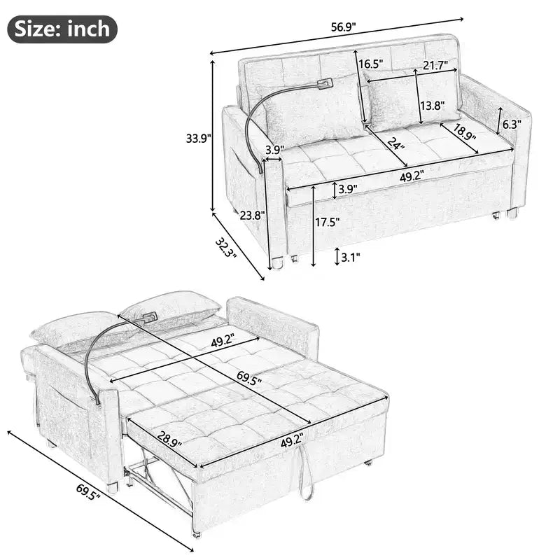 MAYEERTY Canapé convertible 144,5 cm avec coussin de dossier réversible, poches latérales et support de téléphone pour salon, vert