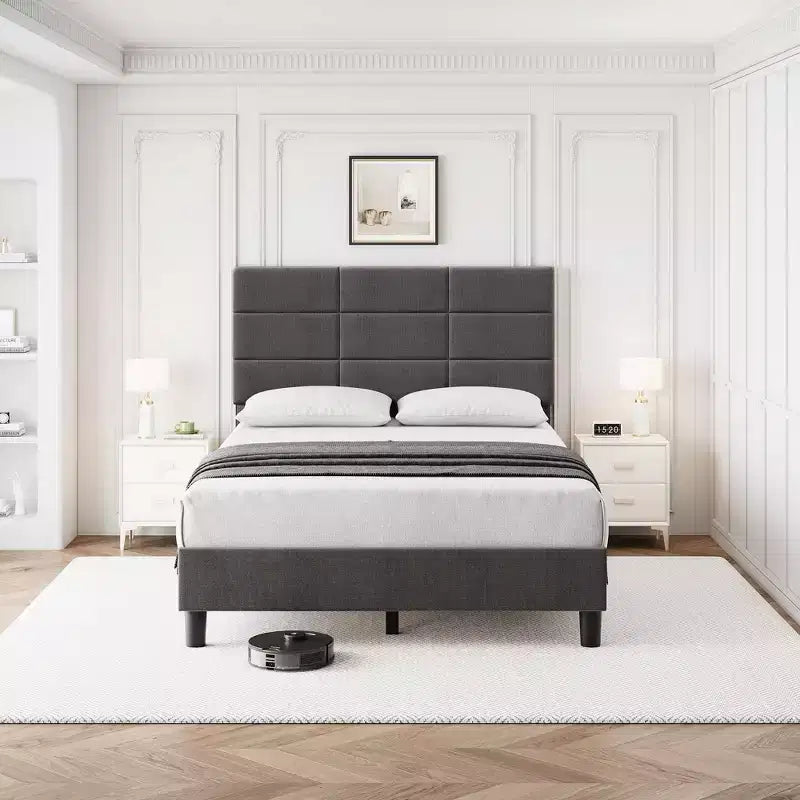 Cadre de lit plateforme rembourré en lin avec tête de lit réglable, Gris, Pas besoin de sommier tapissier