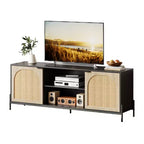 Living room TV cabinet with three drawers, entertainment centre with storage functionality, rattan media unit with metal legs