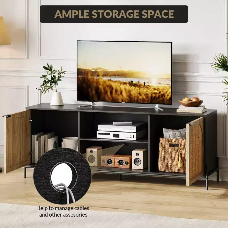 Meuble TV de salon avec trois tiroirs, meuble multimédia avec fonction de rangement, meuble TV en rotin avec pieds en métal