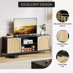 Meuble TV de salon avec trois tiroirs, meuble multimédia avec fonction de rangement, meuble TV en rotin avec pieds en métal