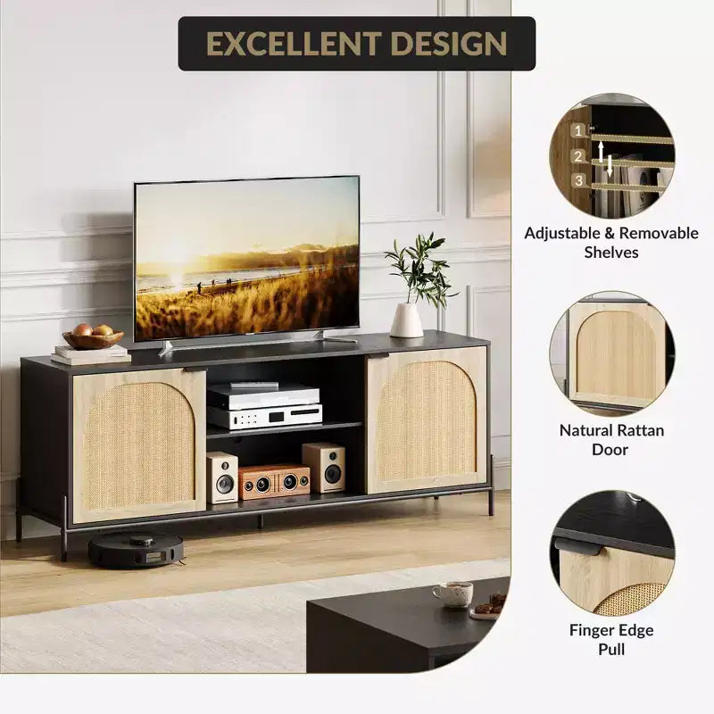 Meuble TV de salon avec trois tiroirs, meuble multimédia avec fonction de rangement, meuble TV en rotin avec pieds en métal