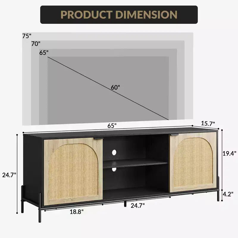Meuble TV de salon avec trois tiroirs, meuble multimédia avec fonction de rangement, meuble TV en rotin avec pieds en métal