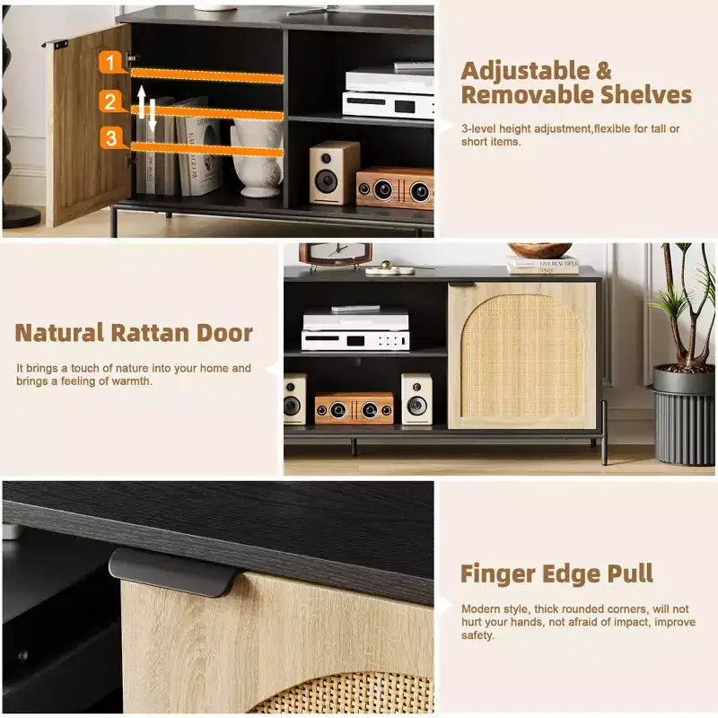 Meuble TV de salon avec trois tiroirs, meuble multimédia avec fonction de rangement, meuble TV en rotin avec pieds en métal