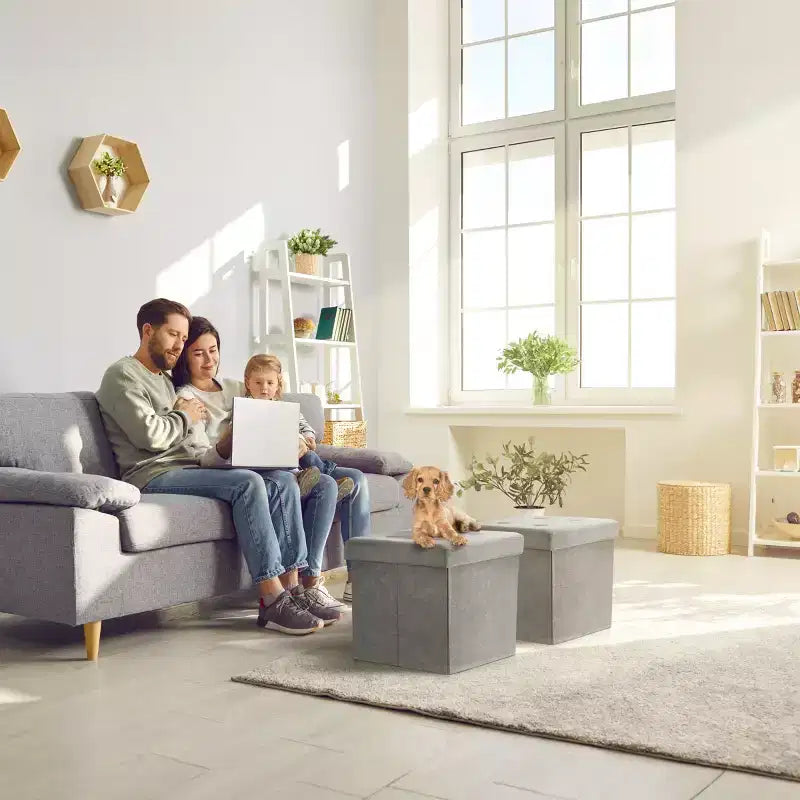 Seat & Declutter! Plush cushion, hidden storage, lightweight & portable. Folds flat