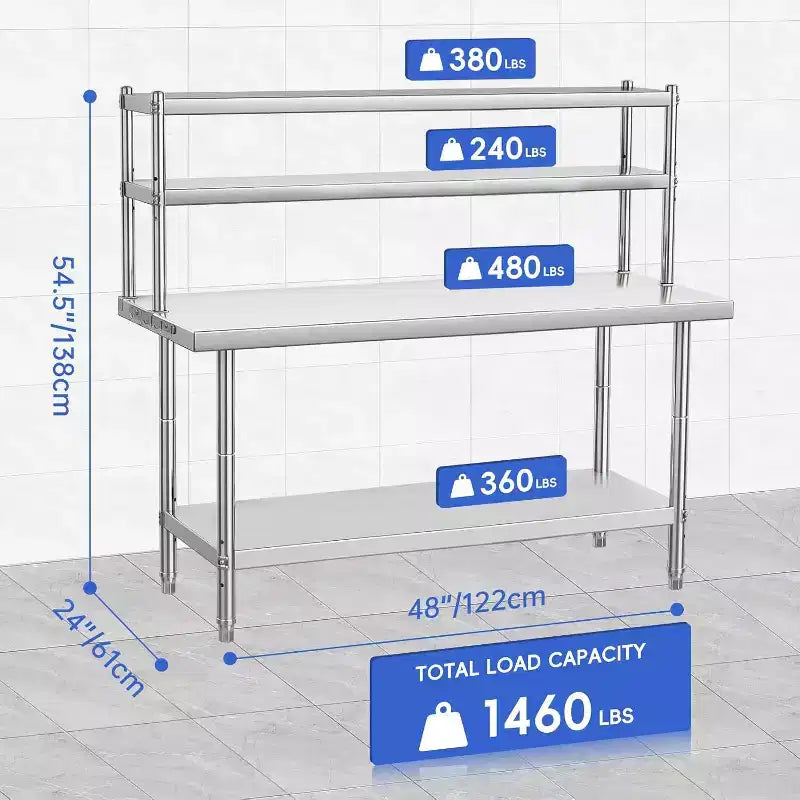 Table de préparation en acier inoxydable 48x24, robuste, avec quatre niveaux de rangement et crochets pour la préparation des aliments en cuisine, à la maison ou à l'hôtel