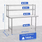 Table de préparation en acier inoxydable 48x24, robuste, avec quatre niveaux de rangement et crochets pour la préparation des aliments en cuisine, à la maison ou à l'hôtel