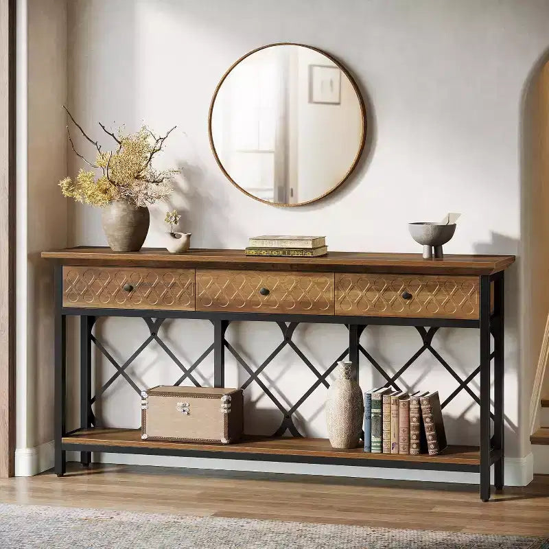 Lantine 70.86 Table console extra longue avec 3 tiroirs, table d'entrée étroite industrielle à 2 niveaux pour salon, couloir