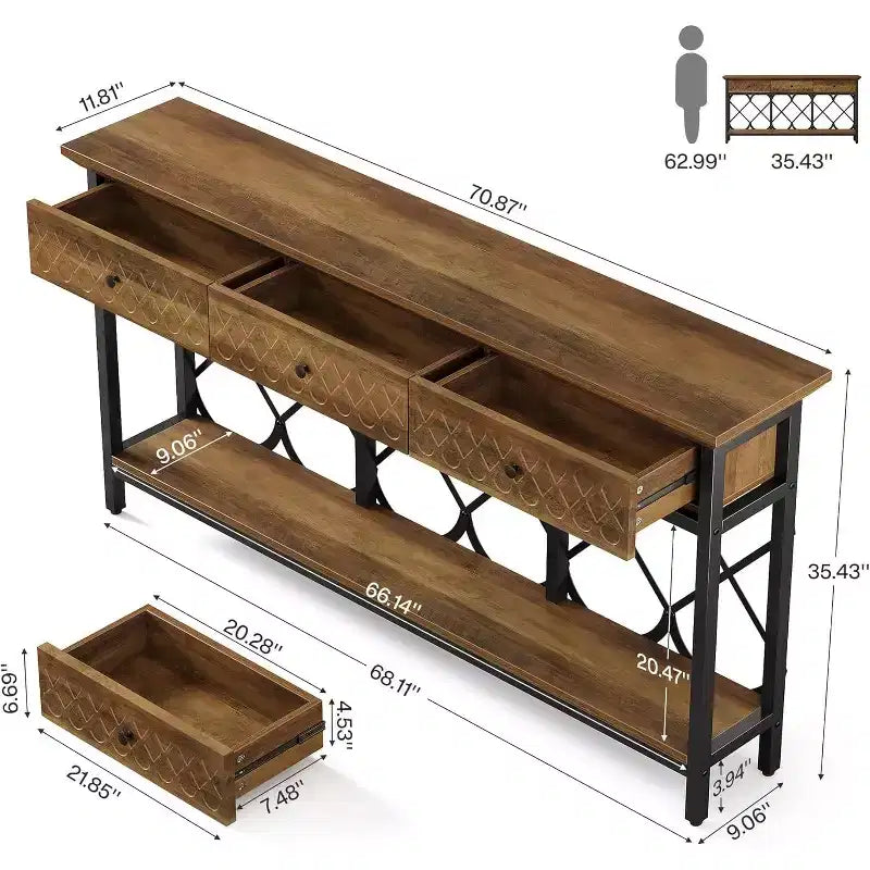 Lantine 70.86 Table console extra longue avec 3 tiroirs, table d'entrée étroite industrielle à 2 niveaux pour salon, couloir