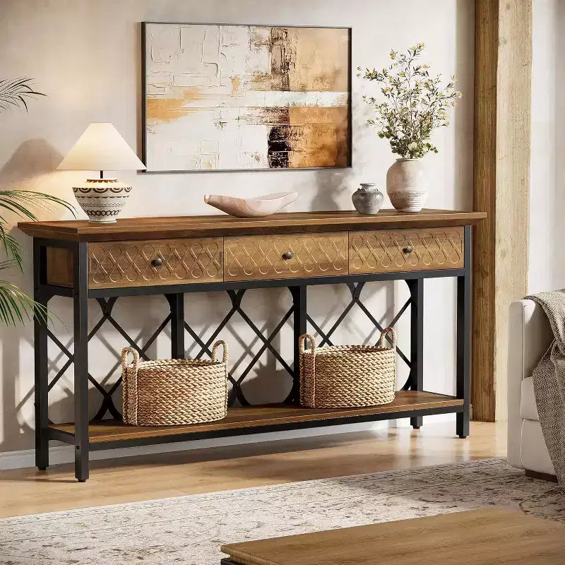 Lantine 70.86 Table console extra longue avec 3 tiroirs, table d'entrée étroite industrielle à 2 niveaux pour salon, couloir