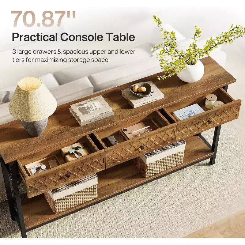 Lantine 70.86 Table console extra longue avec 3 tiroirs, table d'entrée étroite industrielle à 2 niveaux pour salon, couloir