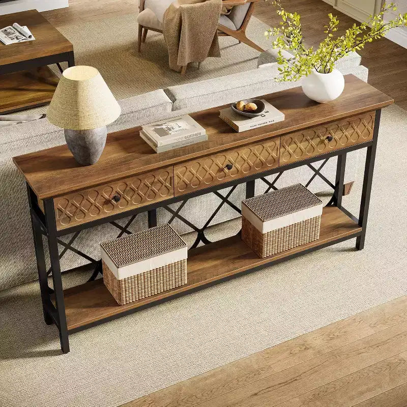 Lantine 70.86 Table console extra longue avec 3 tiroirs, table d'entrée étroite industrielle à 2 niveaux pour salon, couloir