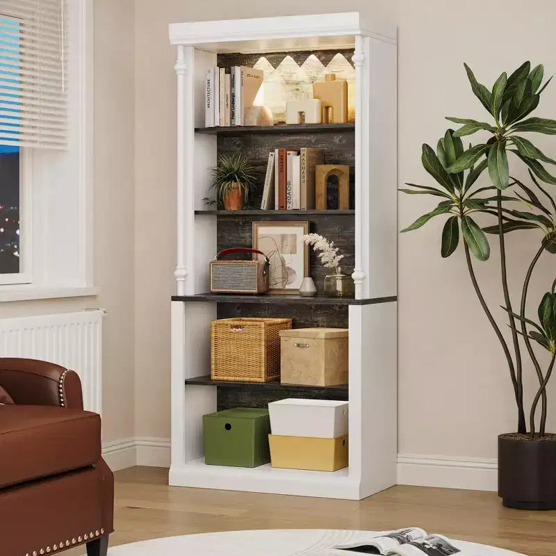 Kitchen pantry cabinet with LED lighting and overhead storage, suitable for dining rooms and living rooms.