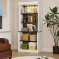 Kitchen pantry cabinet with LED lighting and overhead storage, suitable for dining rooms and living rooms.