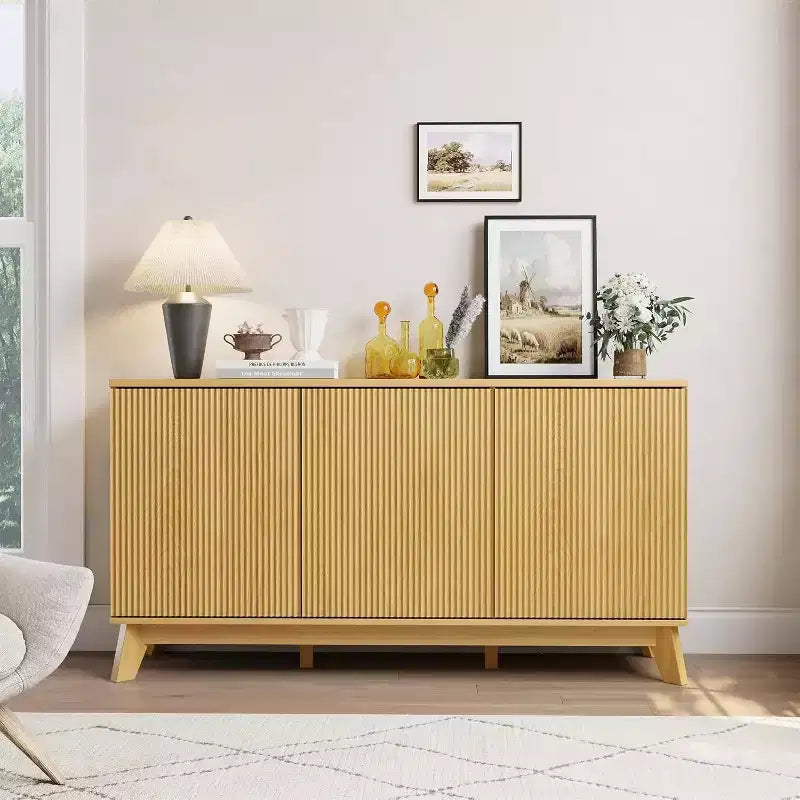 Buffet de cuisine de 58 po avec portes incurvées, étagères réglables et console de rangement de style rustique moderne pour salle à manger et coin café