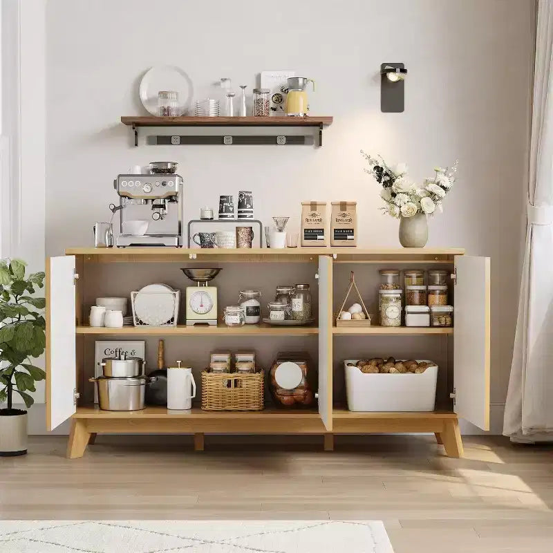 Buffet de cuisine de 58 po avec portes incurvées, étagères réglables et console de rangement de style rustique moderne pour salle à manger et coin café
