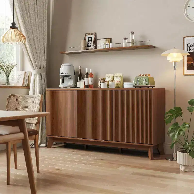 Buffet de cuisine de 58 po avec portes incurvées, étagères réglables et console de rangement de style rustique moderne pour salle à manger et coin café