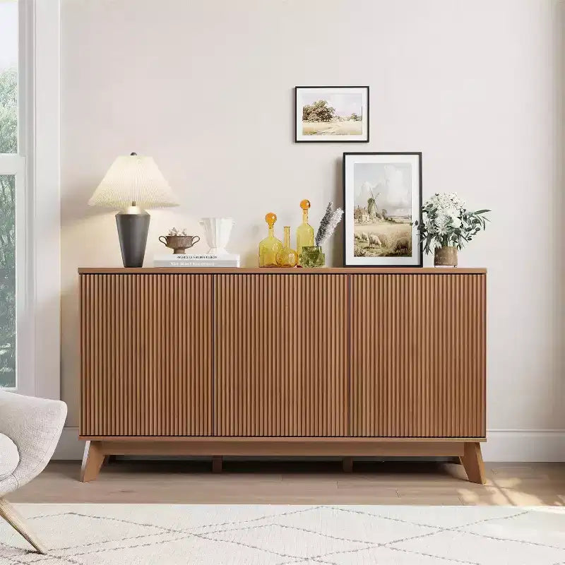 Buffet de cuisine de 58 po avec portes incurvées, étagères réglables et console de rangement de style rustique moderne pour salle à manger et coin café