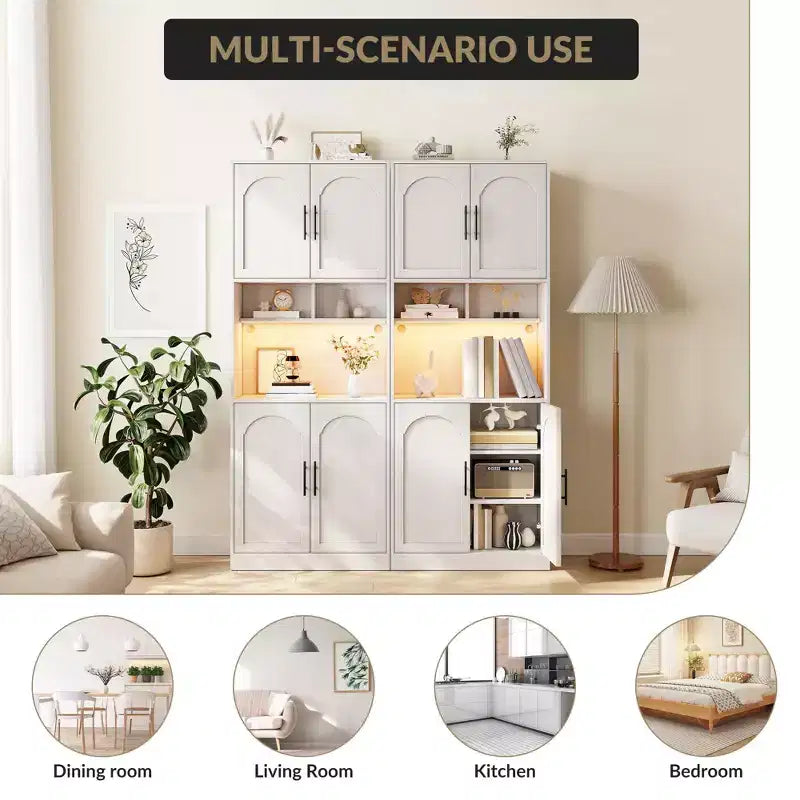 Tall Kitchen Hutch Bar Cabinet with Microwave Stand Kitchen Pantry Cabinet with LED Light, Cupboard for Dining Room,