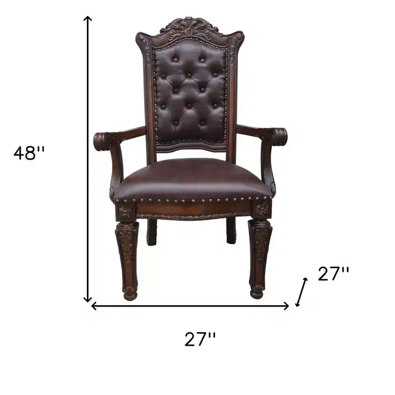 Lot de deux chaises de salle à manger avec accoudoirs HomeRoots, en similicuir capitonné marron et séquoia et bois massif