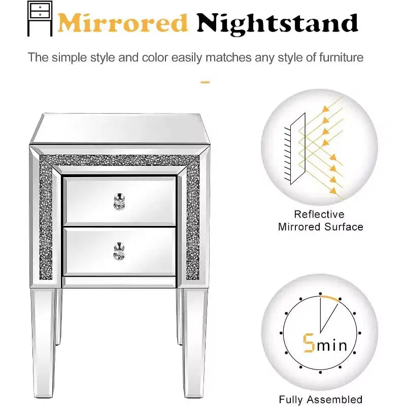 Table de chevet VINGLI avec miroir et tiroir, table d'appoint en verre miroir argenté, paillettes de diamant concassé