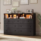 Commode de chambre à 7 tiroirs avec lumières LED, commode en bois avec 2 compartiments ouverts et station de charge pour placard, entrée