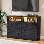 Commode de chambre à 7 tiroirs avec lumières LED, commode en bois avec 2 compartiments ouverts et station de charge pour placard, entrée