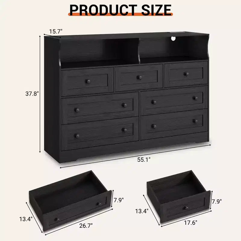 Commode de chambre à 7 tiroirs avec lumières LED, commode en bois avec 2 compartiments ouverts et station de charge pour placard, entrée