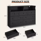 Commode de chambre à 7 tiroirs avec lumières LED, commode en bois avec 2 compartiments ouverts et station de charge pour placard, entrée