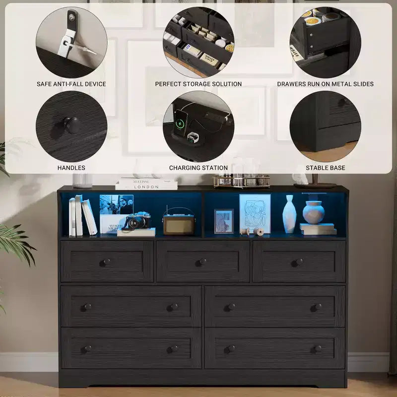 Commode de chambre à 7 tiroirs avec lumières LED, commode en bois avec 2 compartiments ouverts et station de charge pour placard, entrée