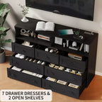 Commode de chambre à 7 tiroirs avec lumières LED, commode en bois avec 2 compartiments ouverts et station de charge pour placard, entrée